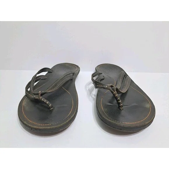 Olukai Womens Size 8 “U’i” Sahara Black Leather Double Strap Sandal Flip Flops - Picture 2 of 6